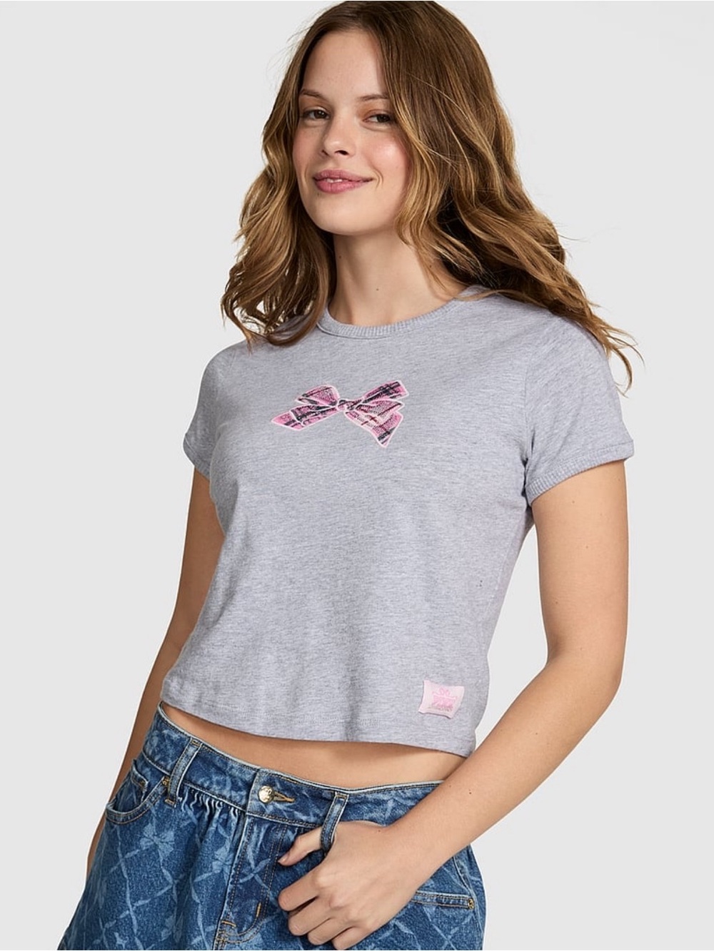 New Medium Grey VS PINK LoveShackFancy Tee Shirt Retro Sequin Bow Cotton Top NWT